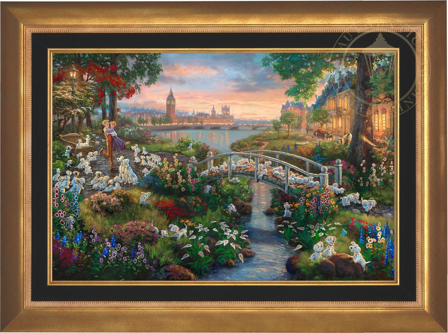 A visual tour of historic London, with all of its famous landmarks, 101 Dalmatians puppies along with Pongo, Perdita, Roger and Anita all gather at the park, for a day of romance and fun - Aurora Gold Frame.