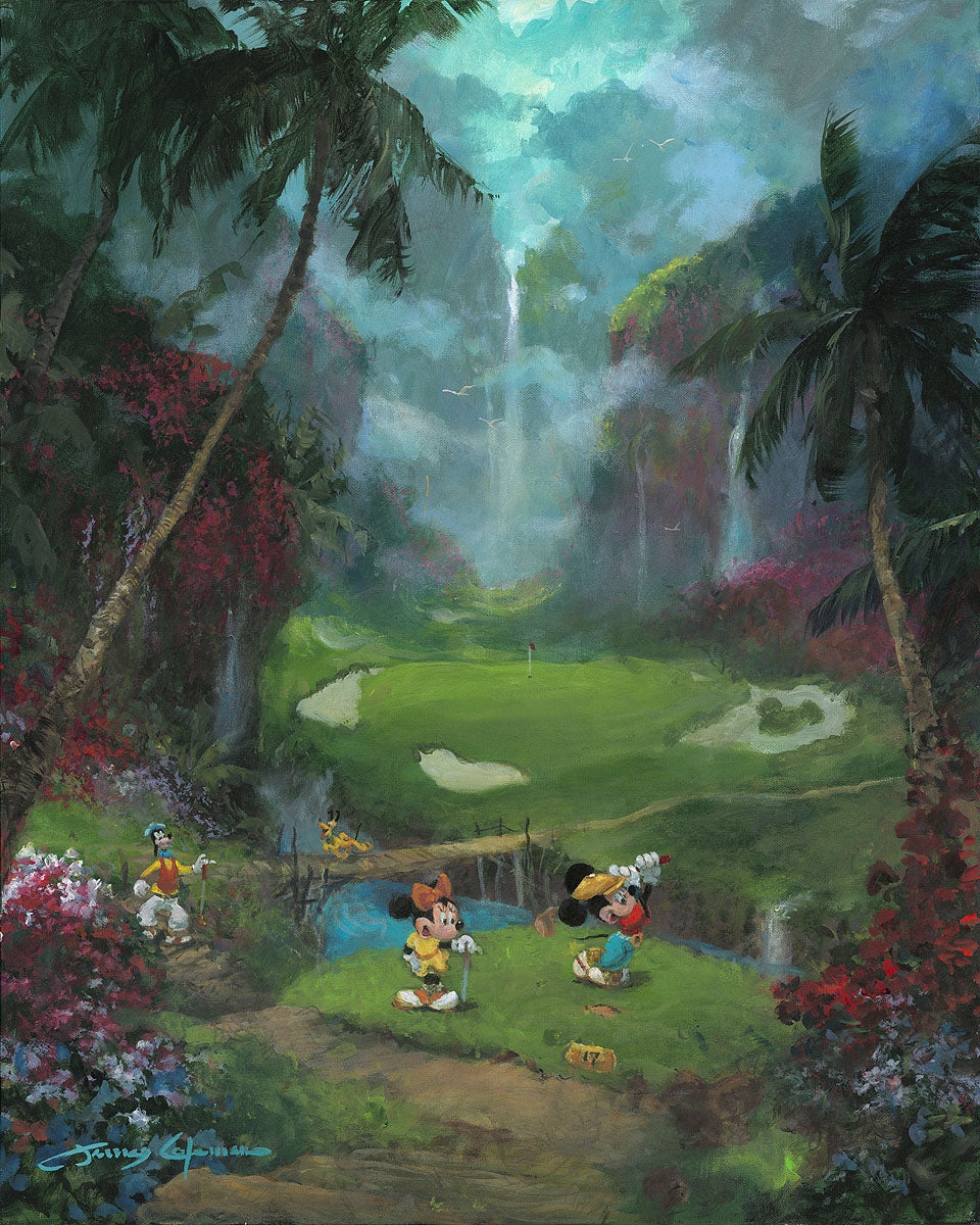 Mickey, Minnie and Goofy tee off on the golf course.