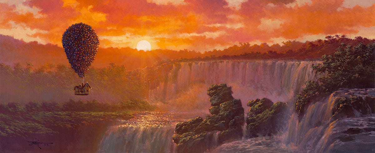 Carl and his stowaways Russel and Dug fly over the Paradise Falls. Artwork inspired by Disney&