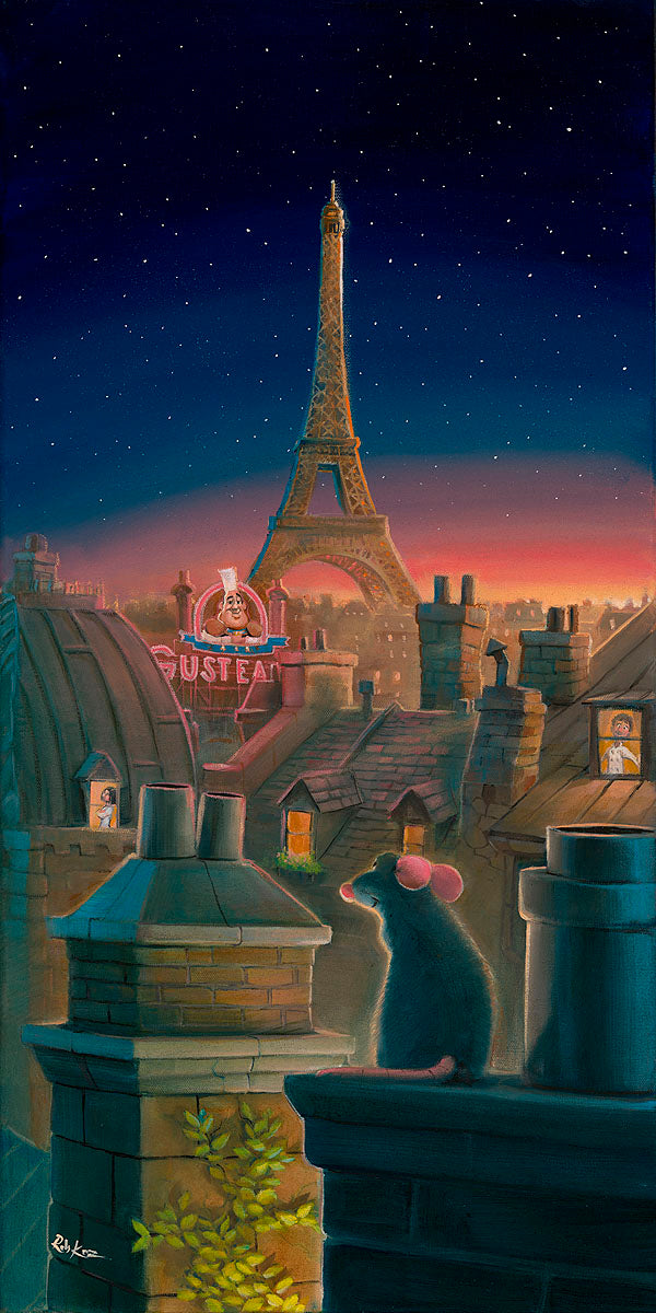 A Taste of Paris by Rob Kaz. Remy looking over the Paris rooftop landscape.