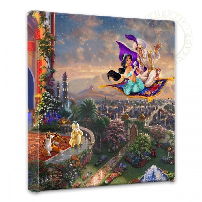 Aladdin and Jasmine soar above Agrabah and the surrounding kingdom on a magic carpet ride, as the Sultan of Agrabah and her over protective pet tiger Rajah watch.