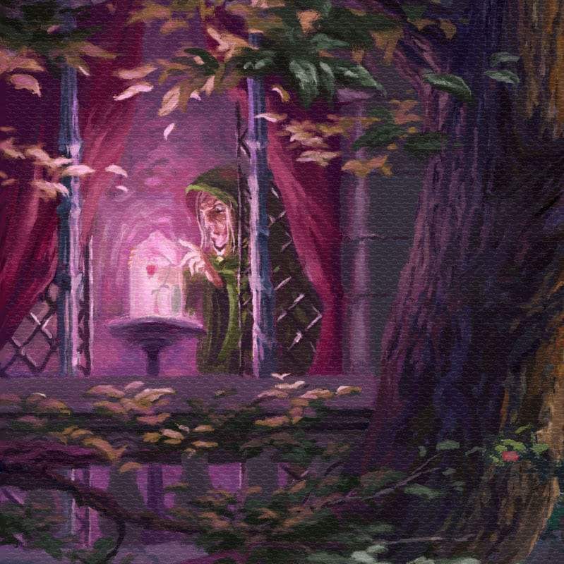 The Enchantress looms over the last single rose petal as if she were trying to speed up time, forcing the Prince to remain a beast forever - closeup.