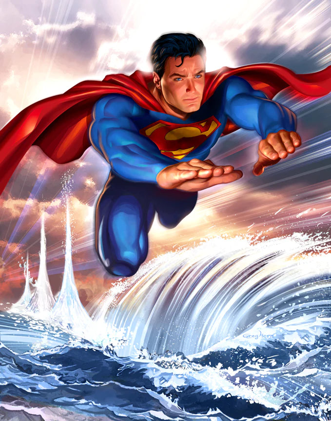 Power Beyond Compare by Greg Horn. Superman flying over the ocean waters.