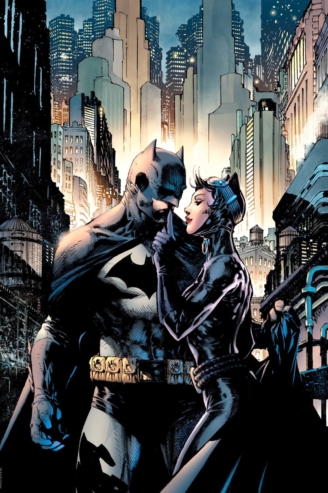 Catwoman has Batman attention as she cuddles right up to him.