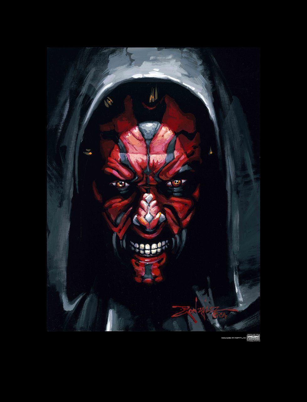 Darth Maul in a hooded cape.