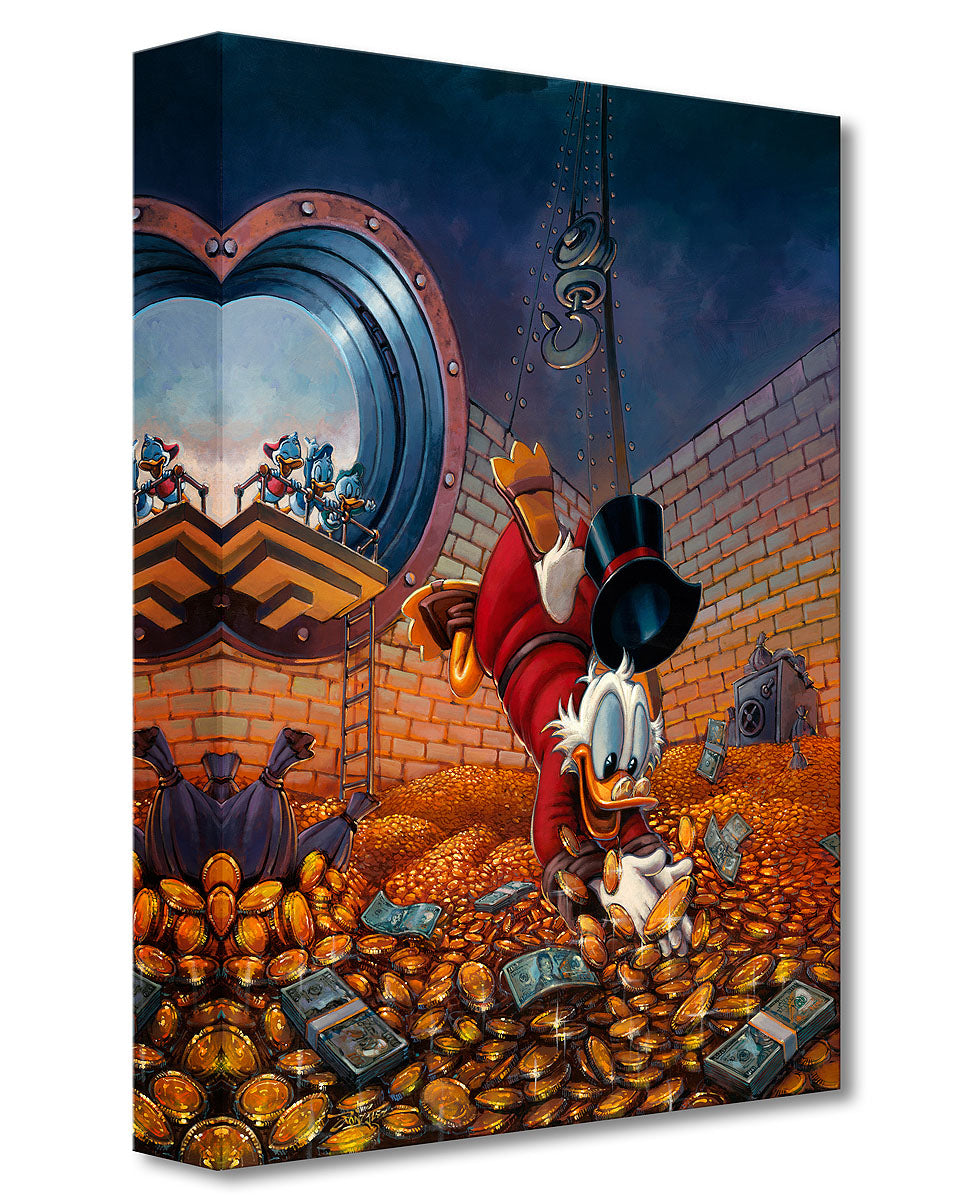 Scrooge McDuck dives into the vault full of gold coins as the mischievous trio, Huey, Dewy, and Louie, watch from above.
