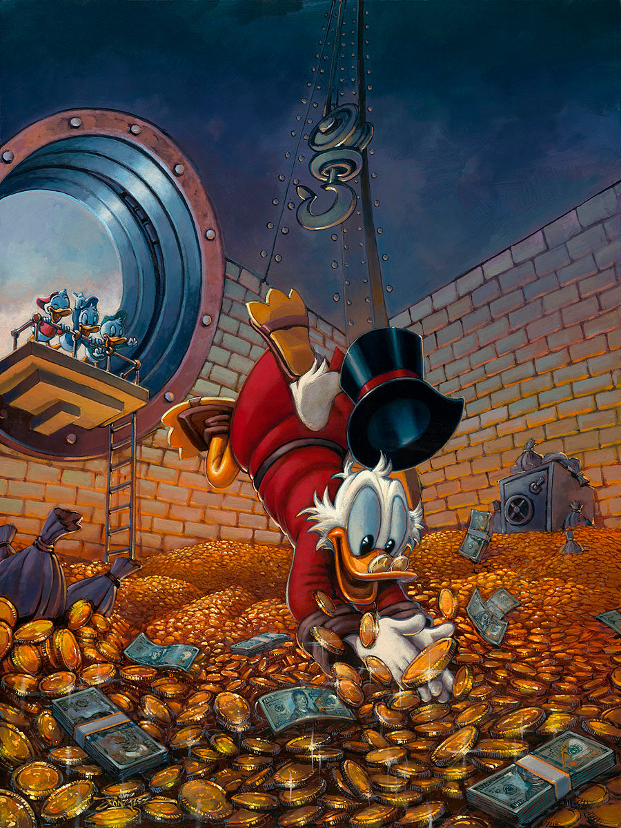 Scrooge McDuck dives into the vault full of gold coins as the mischievous trio, Huey, Dewy, and Louie, watch from above.