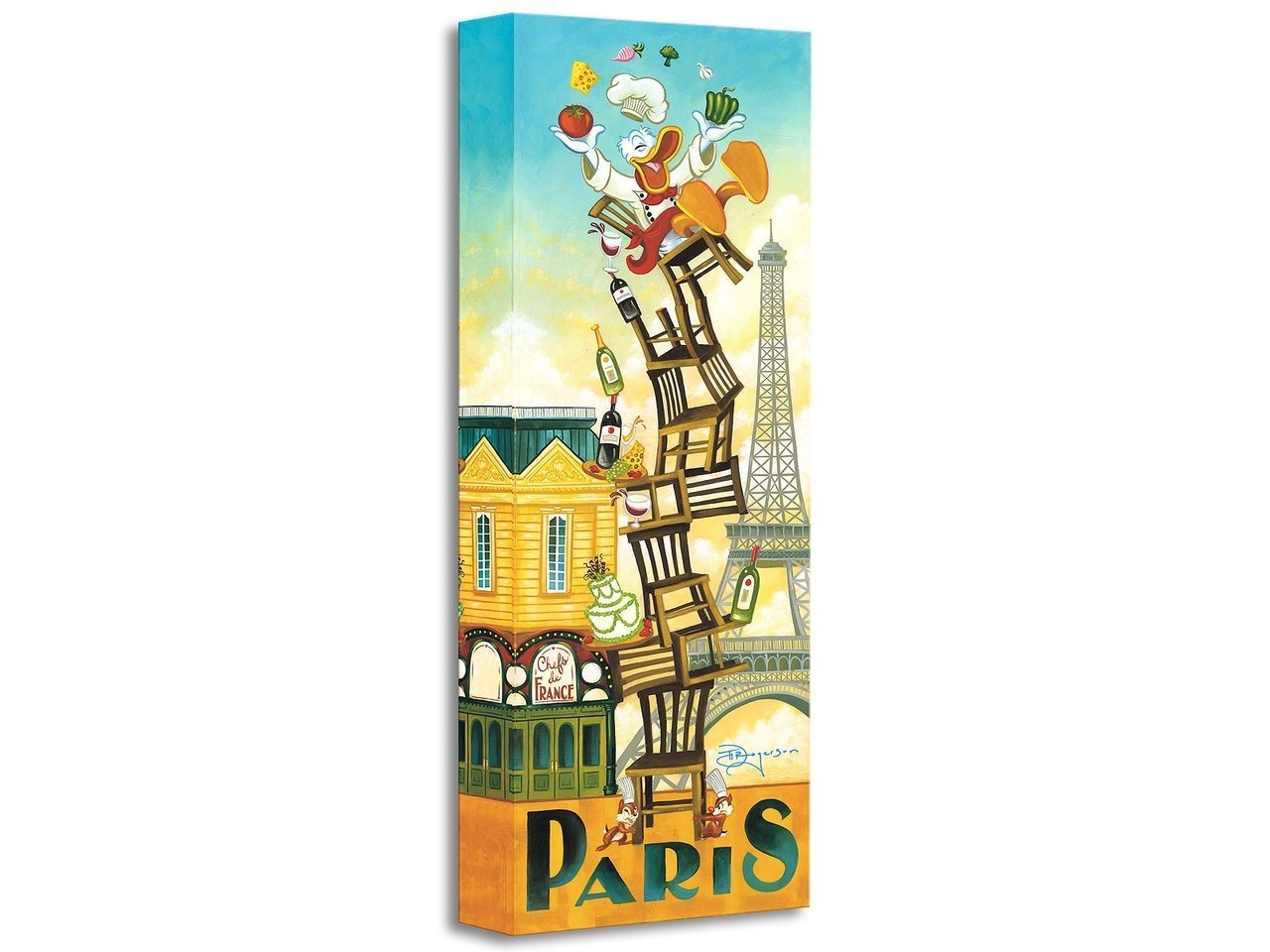 Chef Donald sitting on top of a stack of chairs, juggling fruit and vegetables, as Chip and Dale hold the chairs.