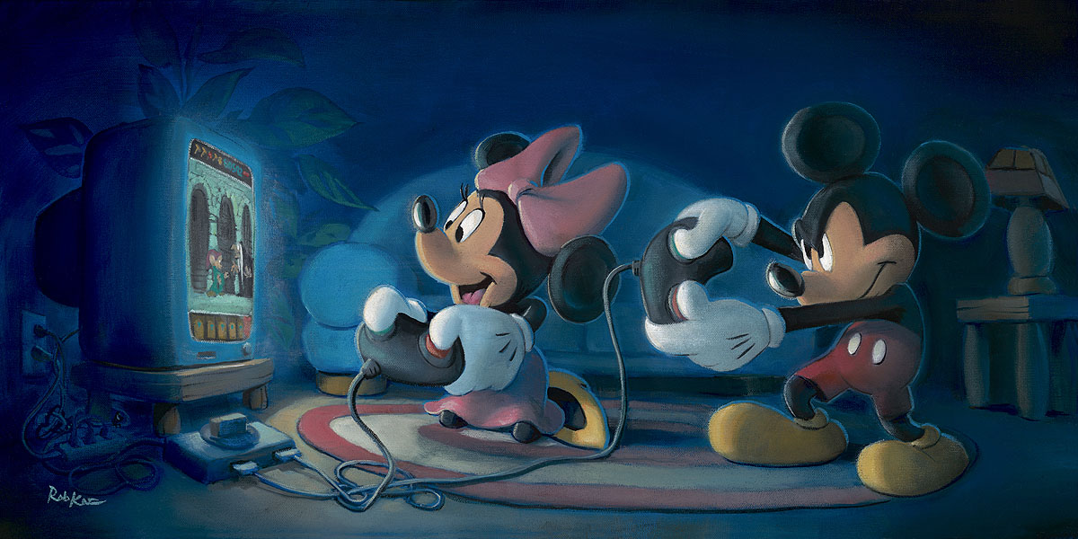 Game Night by Rob Kaz Mickey and Minnie are playing video games.