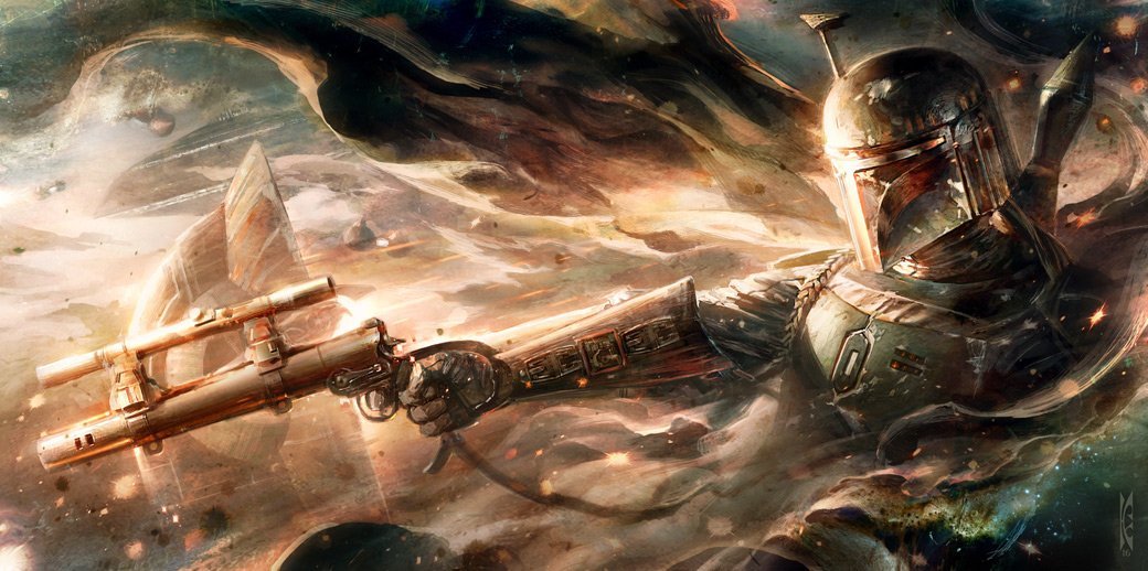 Boba Fett aiming his blaster rifle as he floods through a mystical cloud.