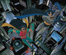 Batman and Robin hovering high over Gotham City.