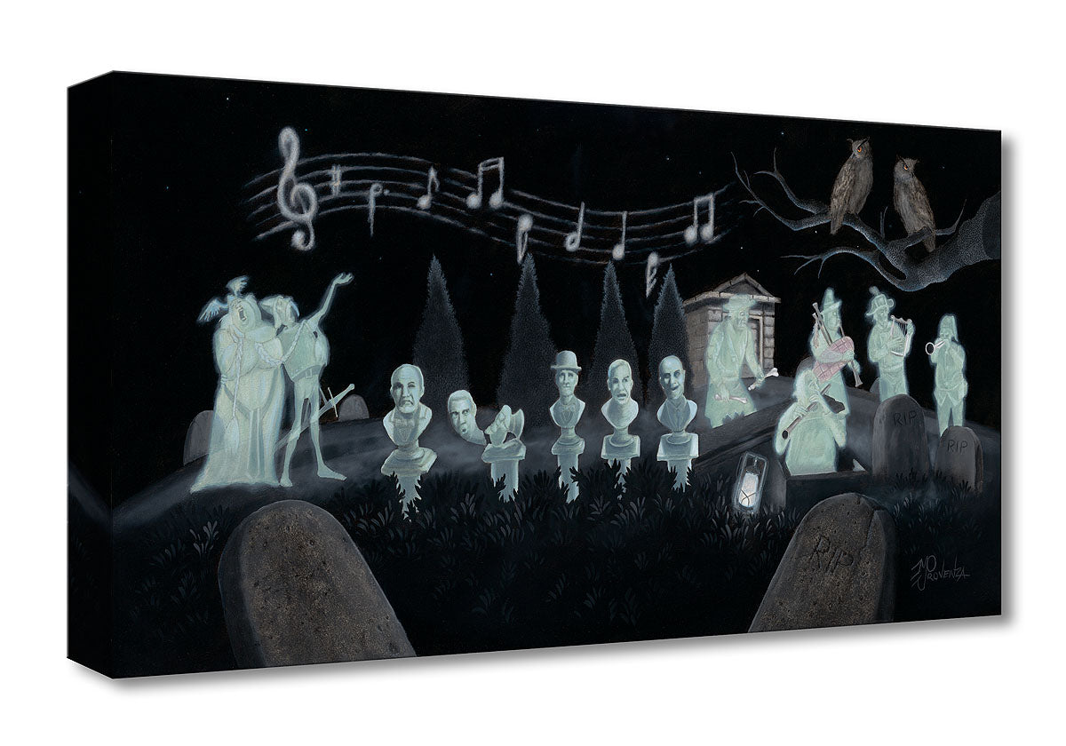 Graveyard Symphony By Michael Provenza  The Haunted Mansion's ghostly occupants holding a symphony in the Mansion's Graveyard.   Artwork inspired by Disney Theme Parks 1969 famous attraction - The Haunted Mansion.