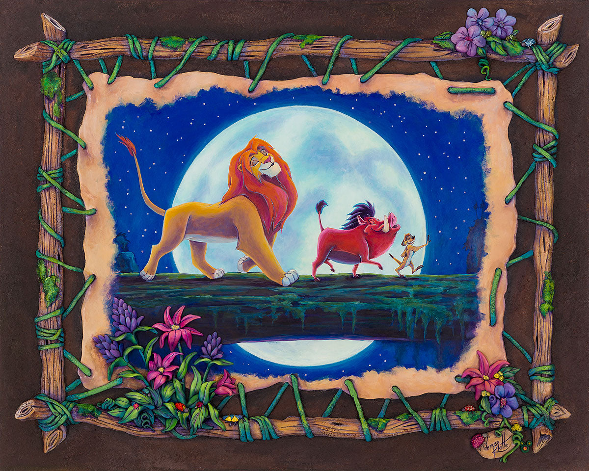 Simba, Pumbaa and Timon singing by the light of the moon, their care-free song - Hakuna Matata.