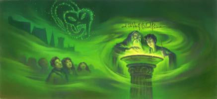 Harry Potter, Professer Albus Dumbledore summoning a spell as Ron Weasley and Hermione Granger look on.