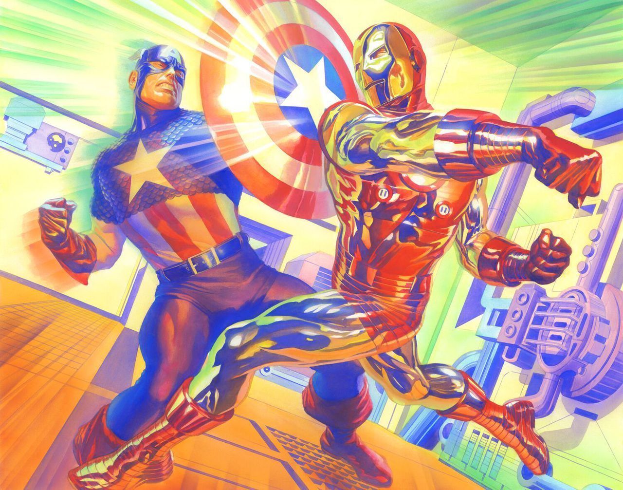 Captain America and Iron Man in battle.