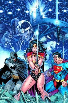 The super-hero trinity of Batman, Wonder Woman and Superman striking a pose as various foes and allies loom in the background.