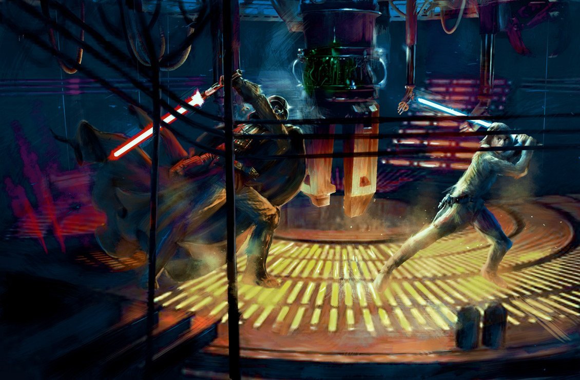 Darth Vader and Luke duel.