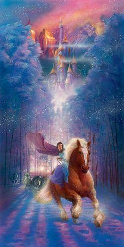 Belle on a magnificent horse as she tries to escape a pack of wolves.