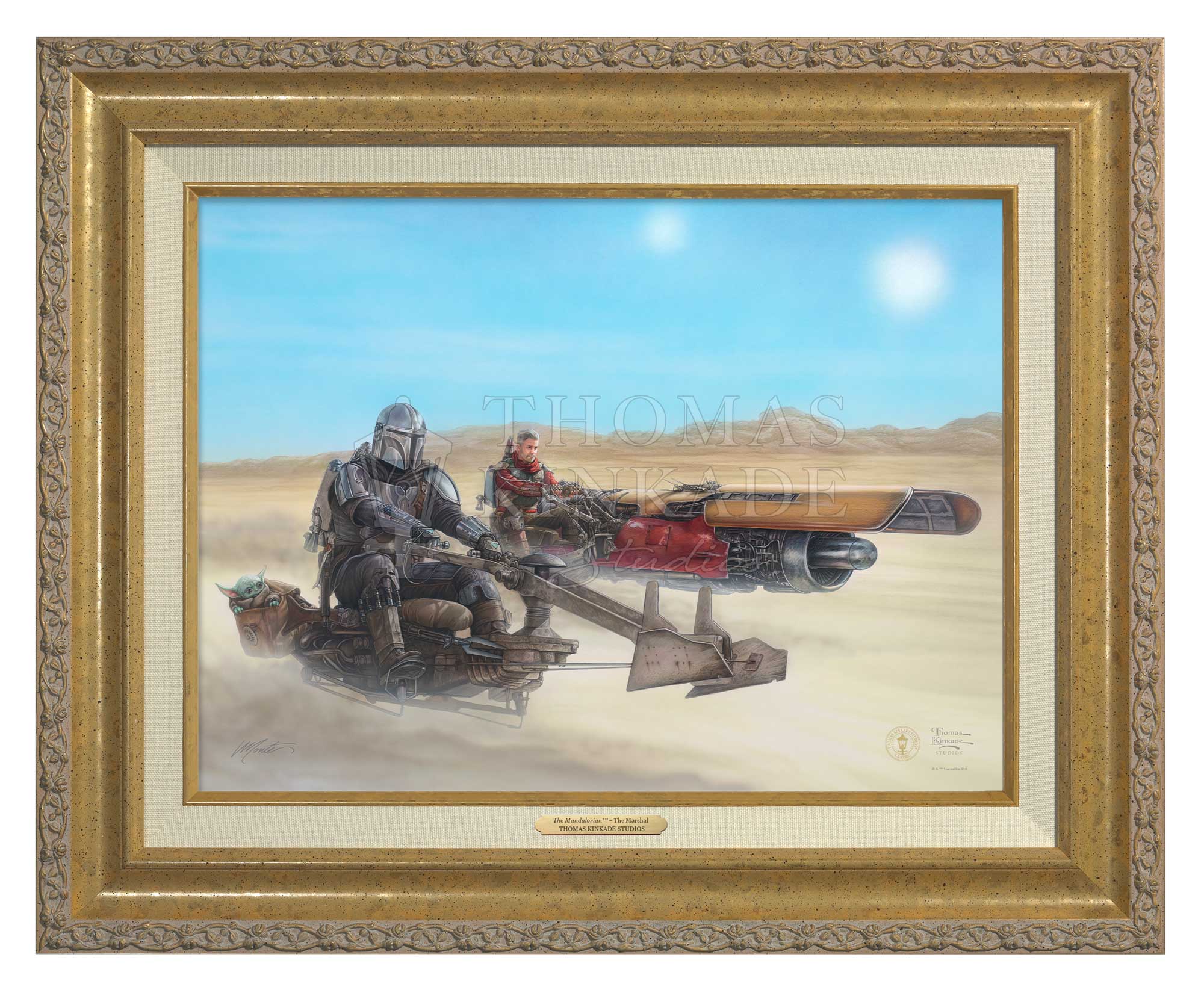 Mando’s rides on a Outer Rim speeder bike and the Marshal on a modified Podracer. as they travel to the Krayt Dragon’s Lair, Antique Good Frame