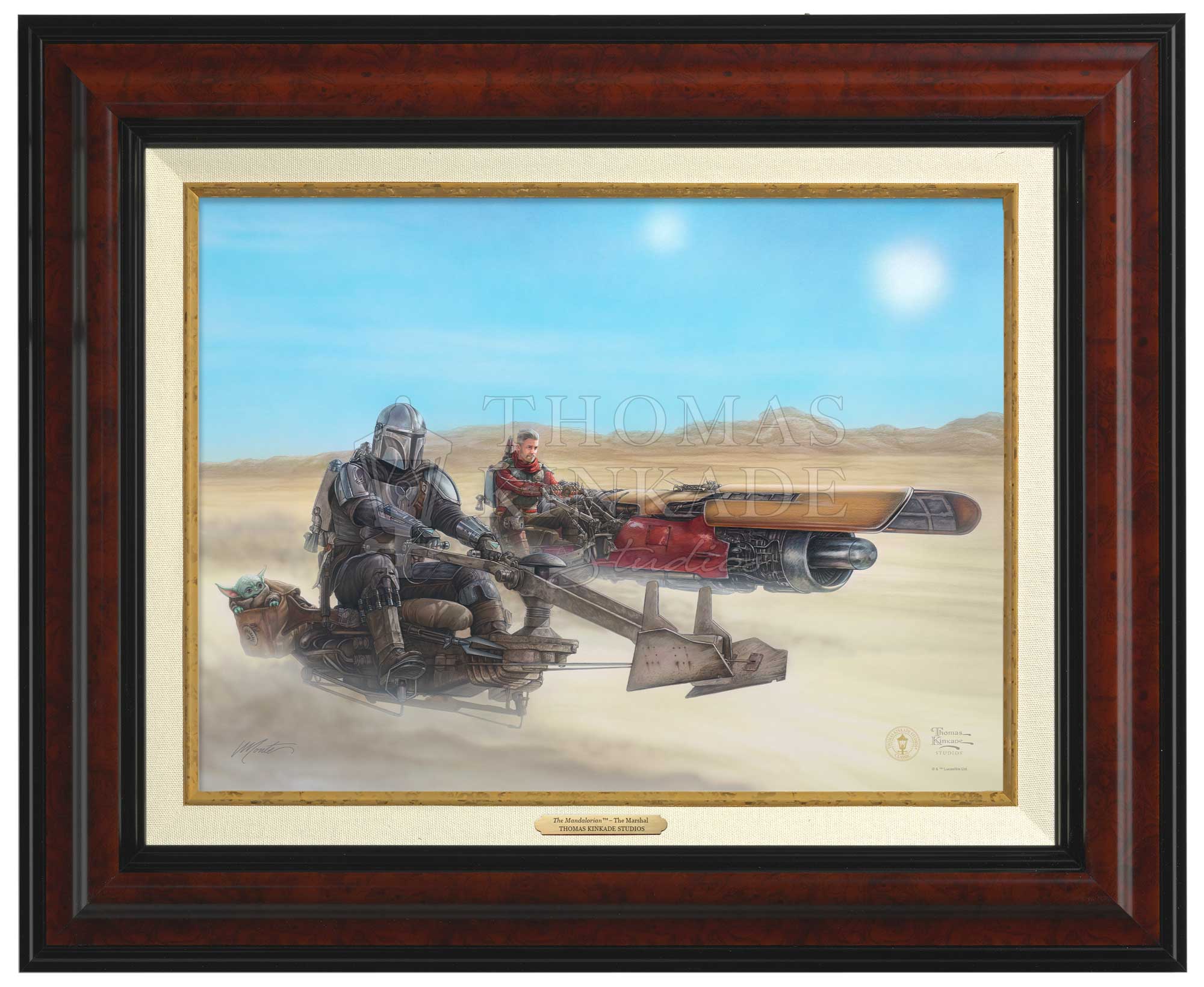 Mando’s rides on a Outer Rim speeder bike and the Marshal on a modified Podracer. as they travel to the Krayt Dragon’s Lair. Burl Frame,