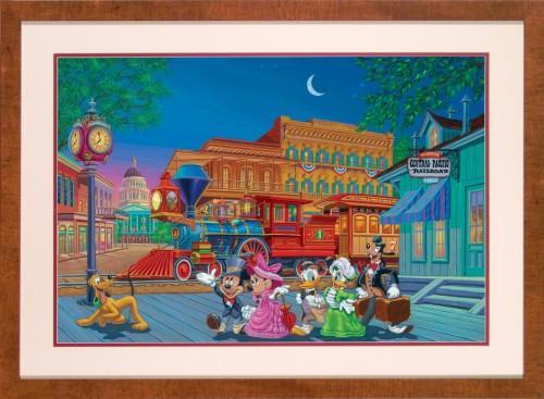 Mickey, Minnie, Donald Duck, Daisy, Goofy, and Pluto arrive at the train station, all deck-out.