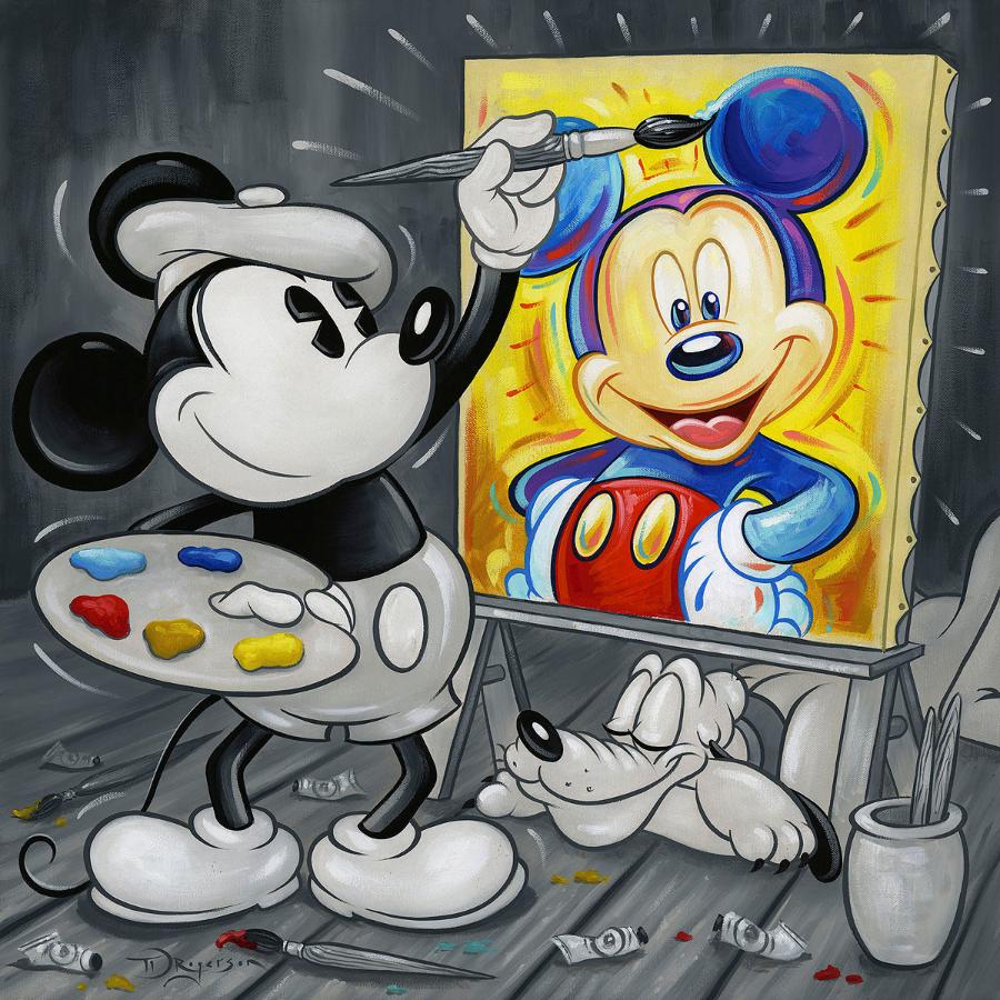 Mickey painting Mickey. Pluto sleeping at his feet.