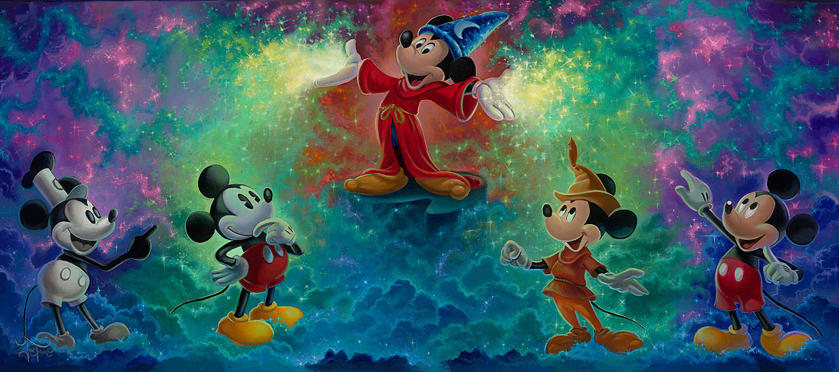 Features - Mickey in his favorite and most famous roles as Steamboat Willie, Robinhood, and the most magical of all, The Sorcerer. All are depicted In these beautiful waves of colors presentation.