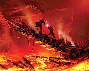 Anakin and Obi-Wan dueled with their lightsabers.