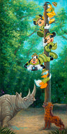 The scared Fab of Five chased up a tall post to escape the wild rhino and the hyena.