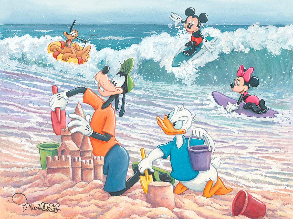 Mickey and friends spending the day on the beach, surfing the waves and building sandcastles.
