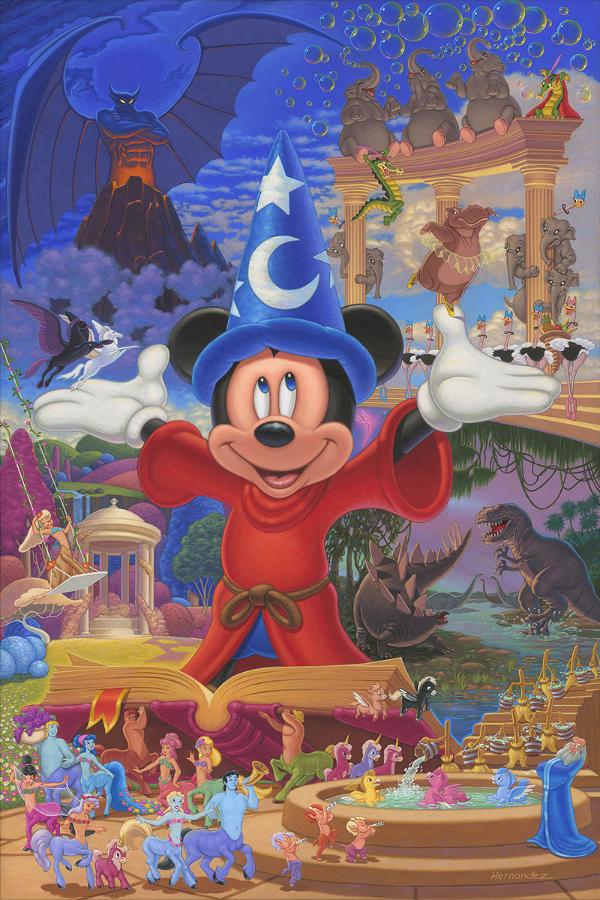 Disney Story of Music and Magic by Manuel Hernandez. Featuring Mickey the Sorcerer and more than 60 individually illustrated and meticulously hand-painted characters, this intricately detailed tribute is bursting with color!