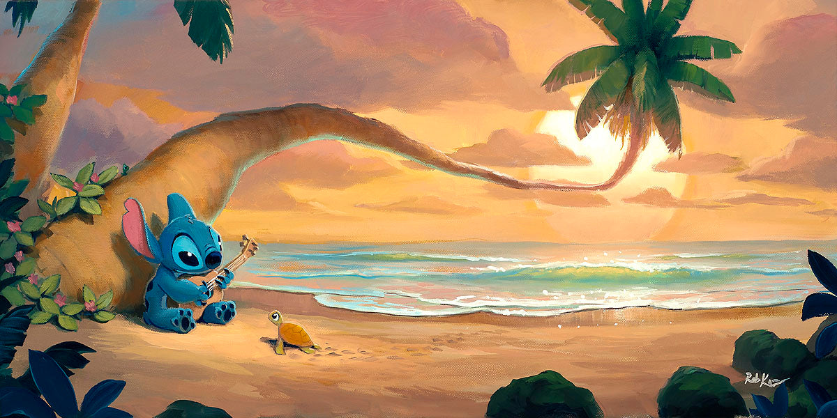 Stitch serenades his little friend the turtle with his ukulele, as they enjoy the sunset at the beach.