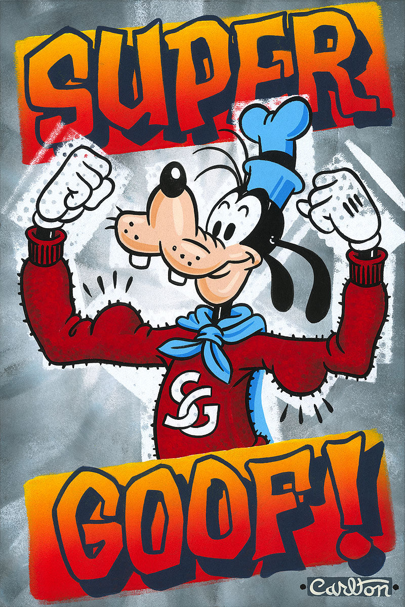 Super Good! by Trevor Carlton.  Goofy, is showing off his muscles in a red sweater and blue super cape.