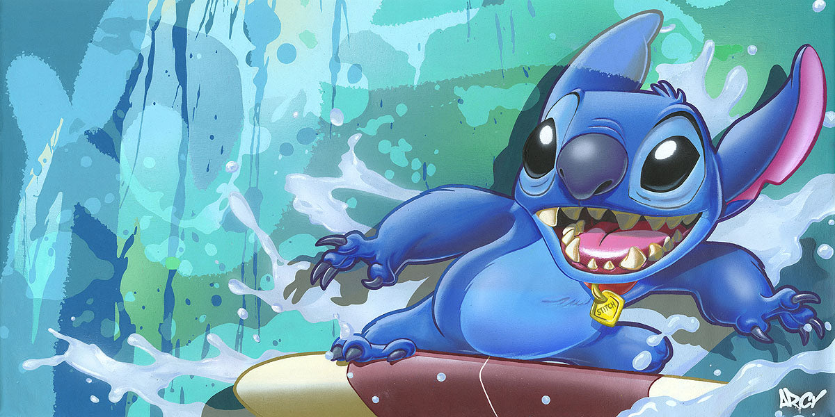 Surf Rider Stitch by Arcy Stitch riding the waves in his surf board.
