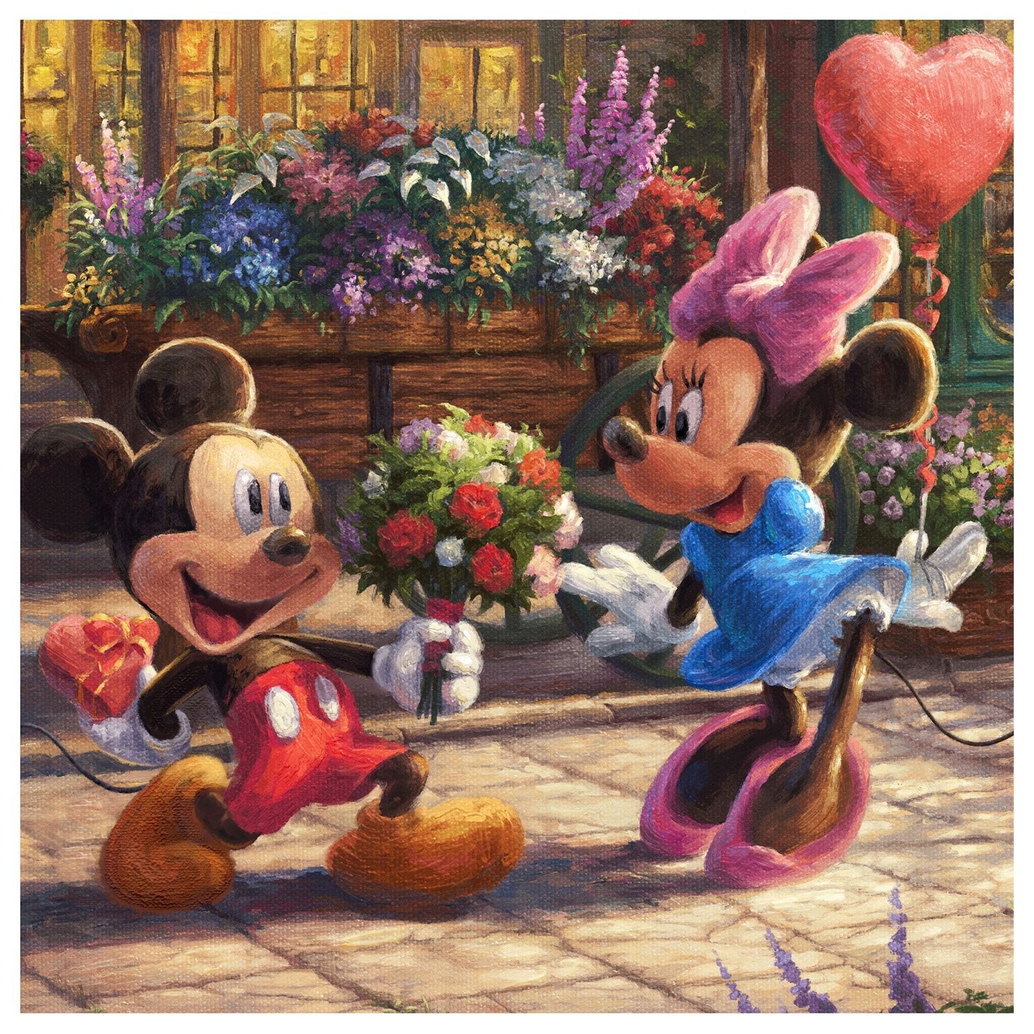 Mickey presents Minnie with a bouquet of flowers and a heart shpaed chocolate - closeup