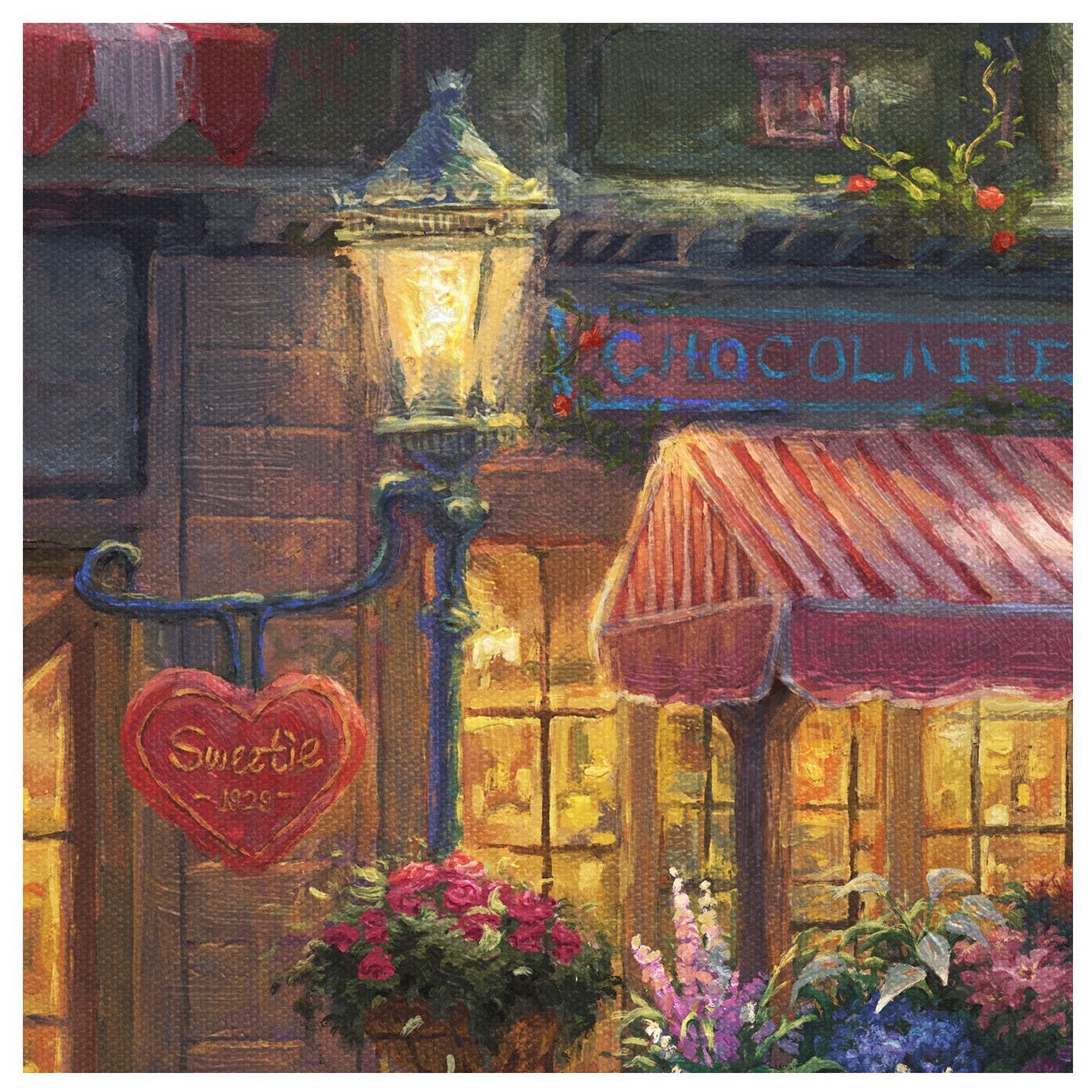On the far left side of the Thomas Kinkade Studios painting is a heart-shaped sign that says “Sweetie 1929” - closeup