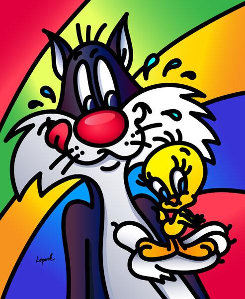 Sylvester licking his chops as he holding Tweenty bird in his hand.