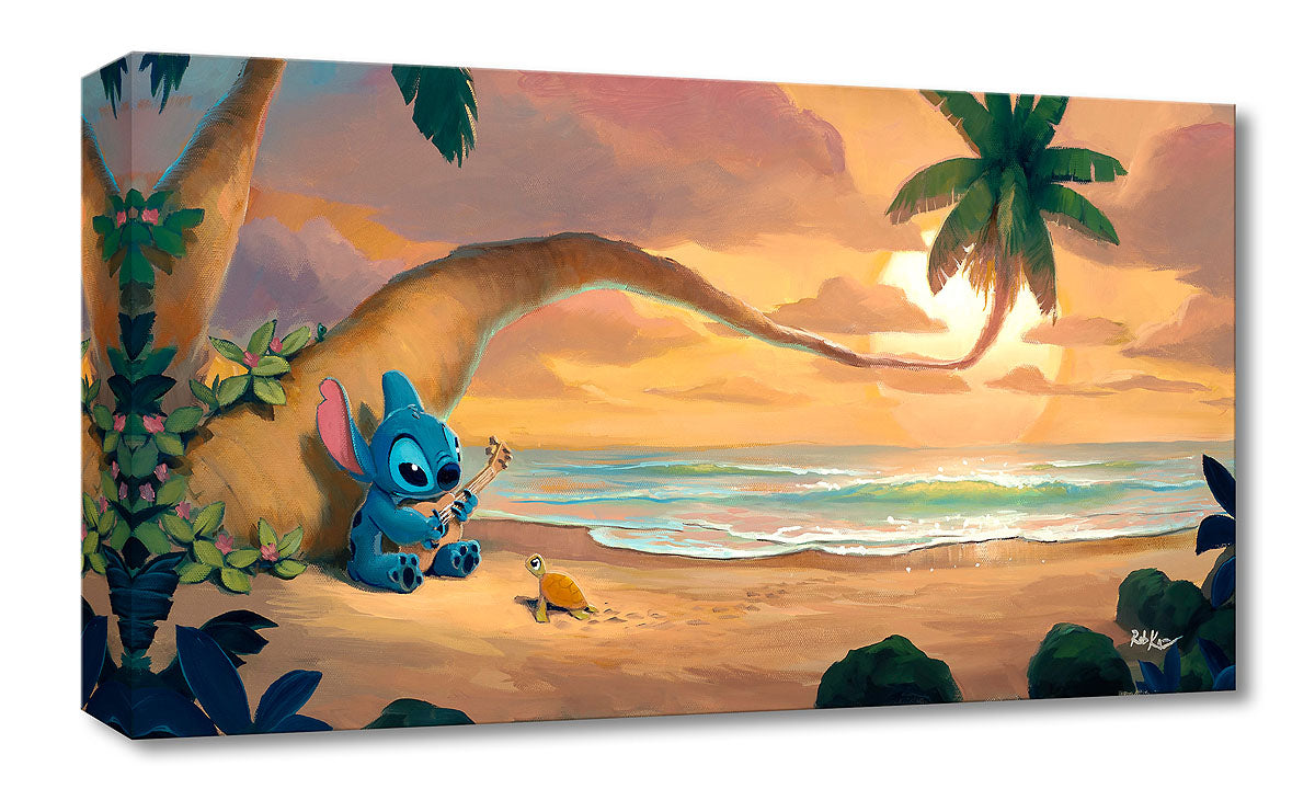 Stitch serenades his little friend the turtle with his ukulele, as they enjoy the sunset at the beach.