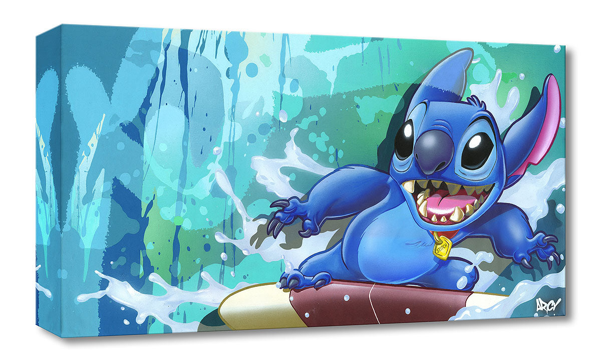 Surf Rider Stitch by Arcy Stitch riding the waves in his surf board.