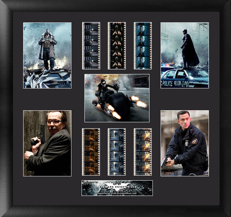 features heroes - Batman, the Cat, John Blake, James Gordon, and villain Bane from the movie film.