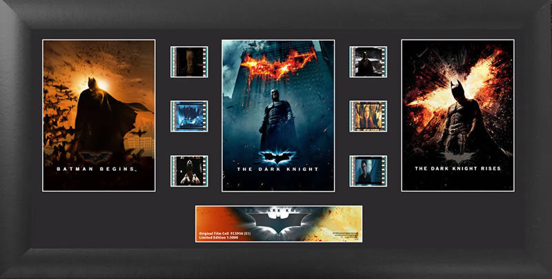 The Dark Knight Trilogy (Dark Knight) Trio “It’s not who I am underneath, but what I do that defines me.” Relive Christopher Nolan’s Dark Knight trilogy with this limited edition FilmCells™ presentation that features the official movie art from each film, a certificate of authenticity, and six clips of real 35mm film from the movie. Size 20" x 11" Black MDF Frame