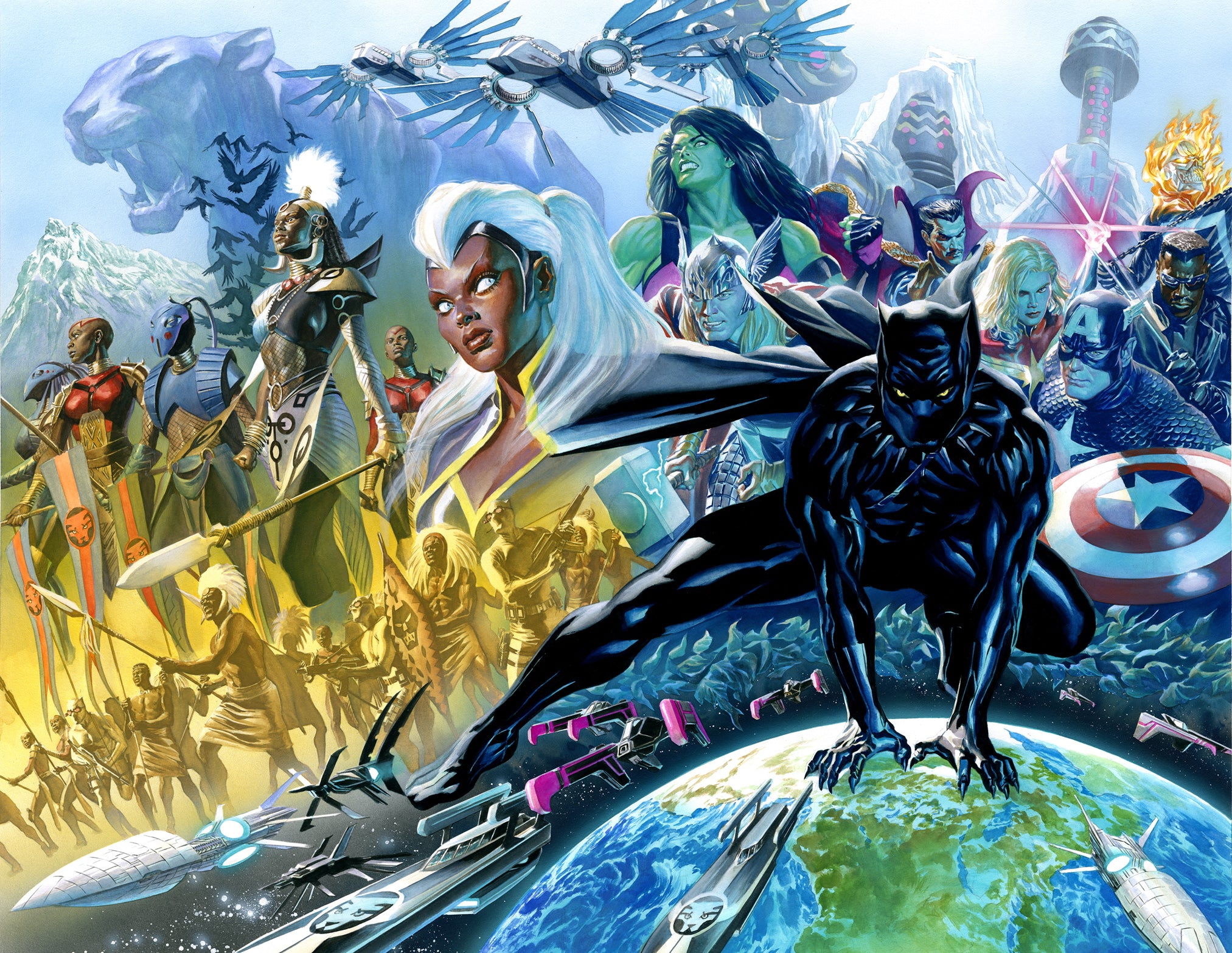 Wakanda Forever by Alex Ross.  "Wakanda Forever” depicts Black Panther leading a pantheon of Marvel Heroes. It was originally created as a cover for Black Panther Volume 8