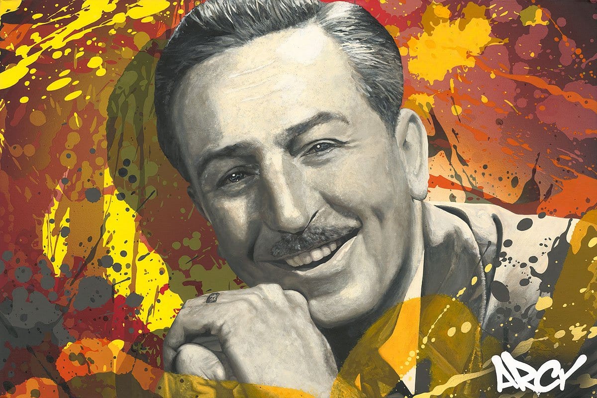 Walt Disney by Arcy A sepia-tone portrait of Walt Disney, with a colorful backdrop.