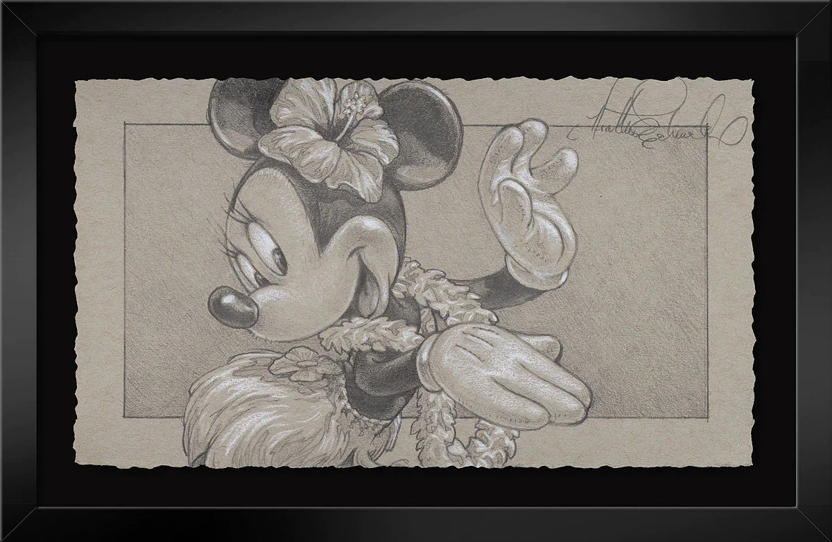 Minnie is all dressed up, in a hula skirt, and appears to be on vacation.