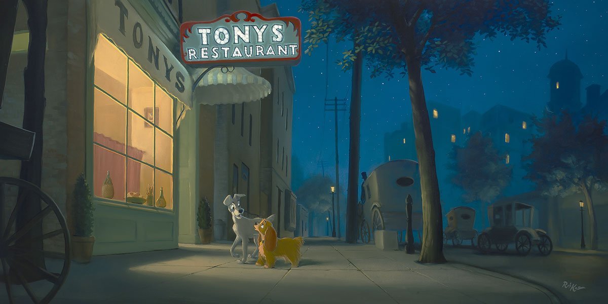 A Night with Lady by Rob Kaz.  Lady and Tramp spend the night wandering around the streets of the town, spotted in front of Tony's restaurant.