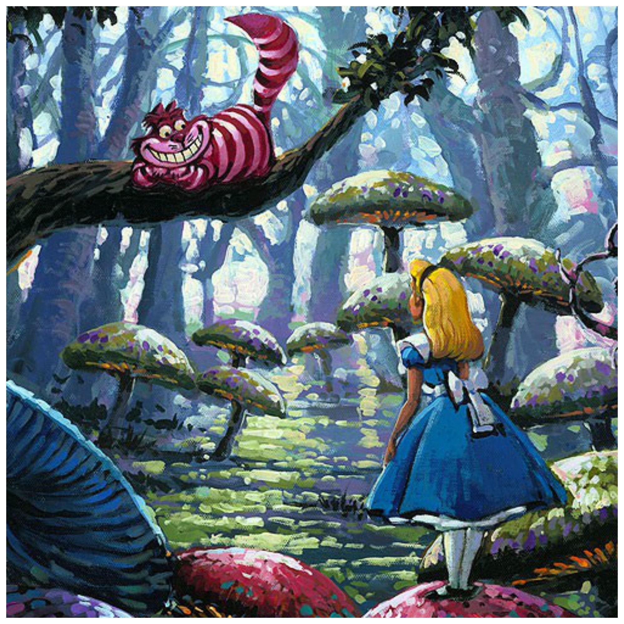 A Smile You Can Trust by Rodel Gonzalez.  Alice is being followed by the Cheshire cat as she wonders through the giant mushrooms trail in the woods of Wonderland- closeup.