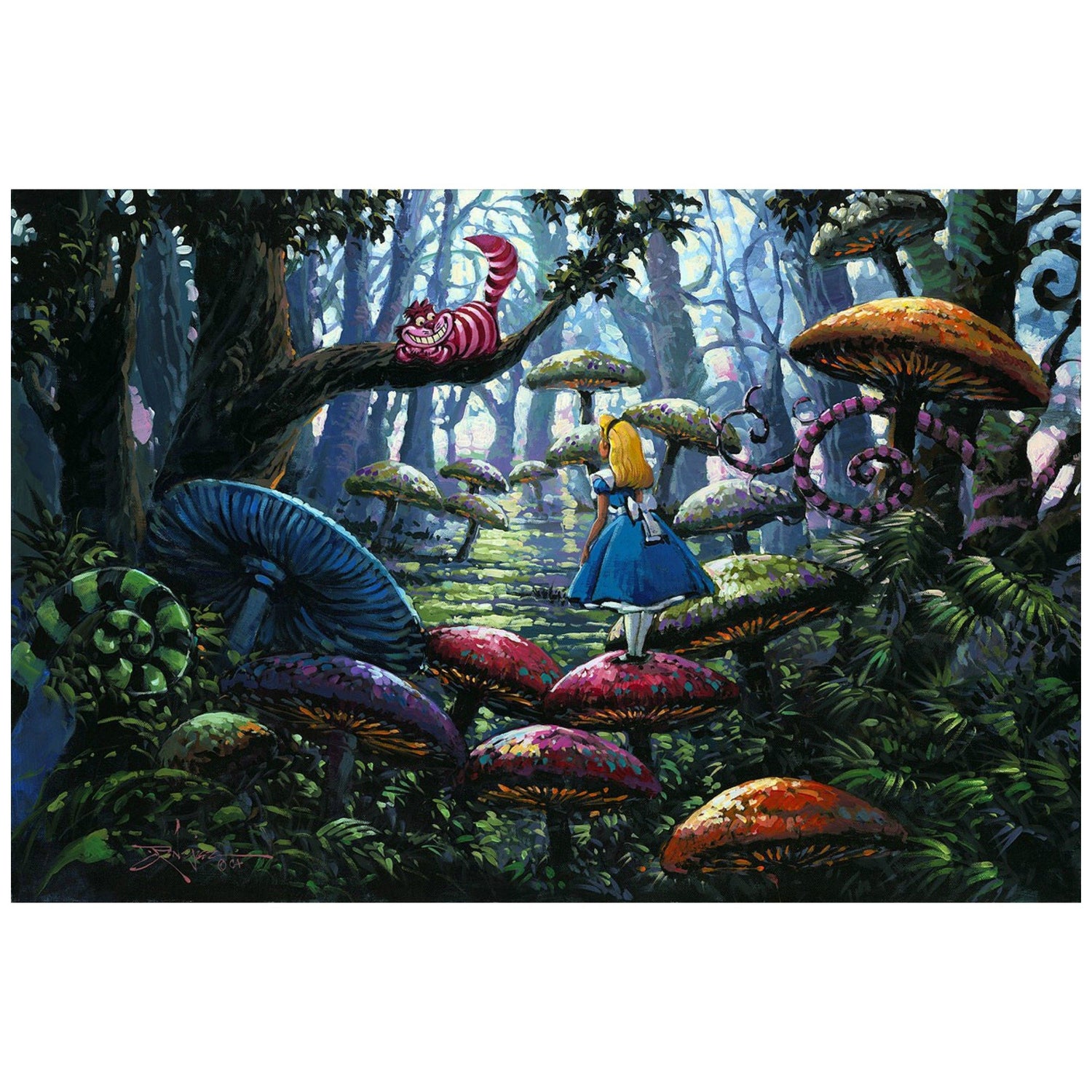 A Smile You Can Trust by Rodel Gonzalez.  Alice is being followed by the Cheshire cat as she wonders through the giant mushrooms trail in the woods of Wonderland.