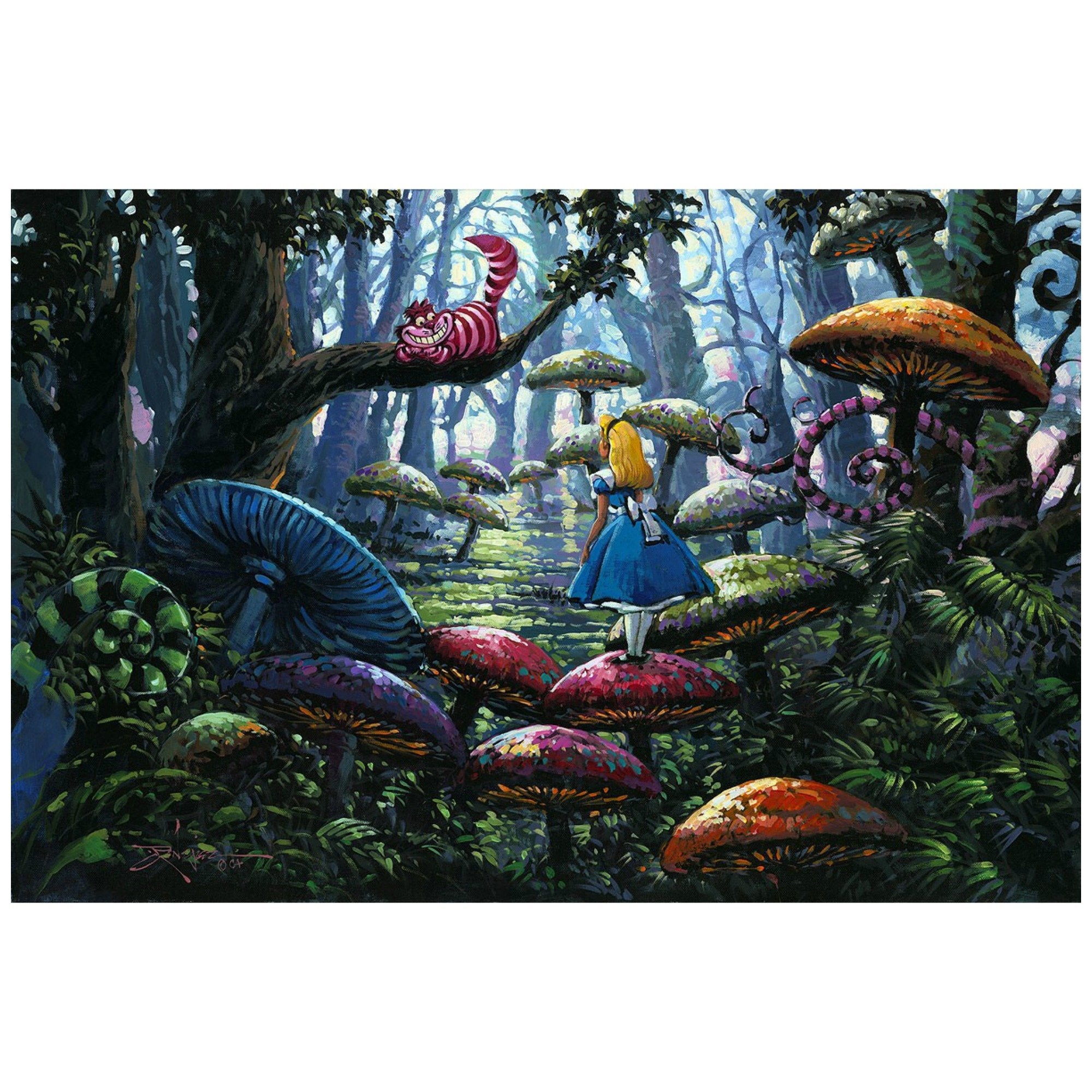 A Smile You Can Trust by Rodel Gonzalez.  Alice is being followed by the Cheshire cat as she wonders through the giant mushrooms trail in the woods of Wonderland.