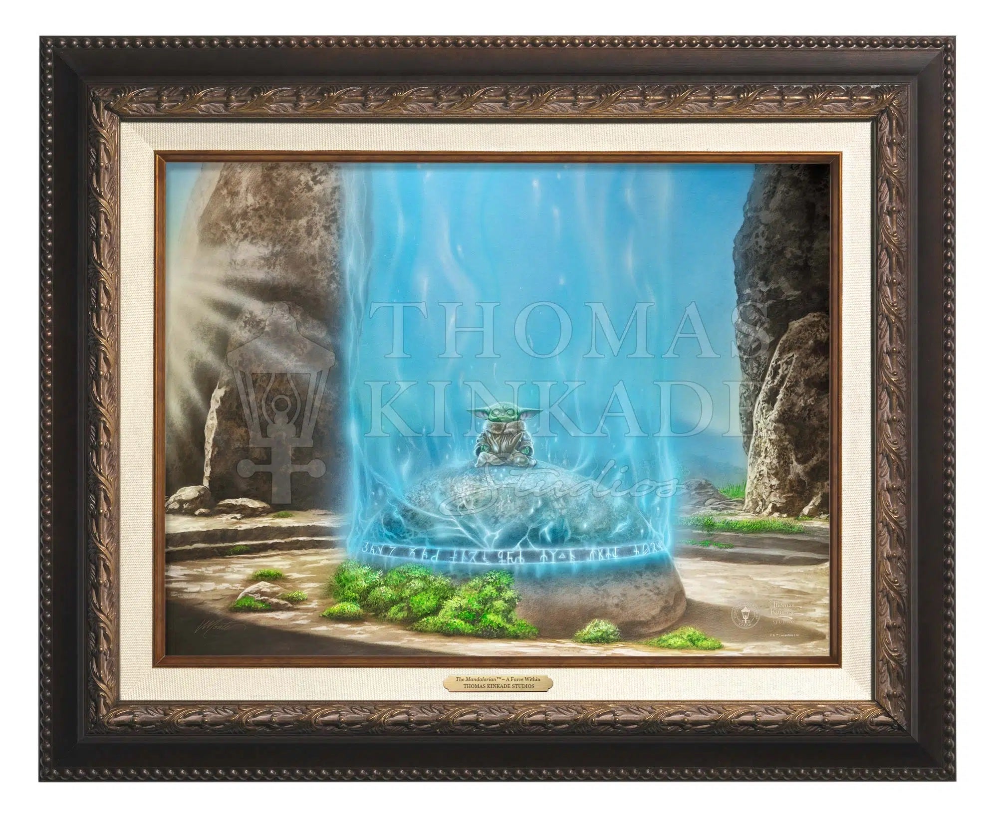 The Mandalorian - A Force Within by Thomas Kinkade Studios. Once placed upon the ancient Jedi™ seeing stone, Grogu™ “activates” the stone to make the connection with the galaxy’s existing Jedi through the Force. - Aged Bronze Frame