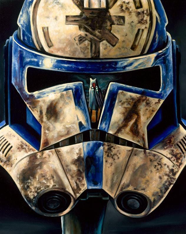 Helmet of a trooper, showing the reflection of Ahoska. - Canvas